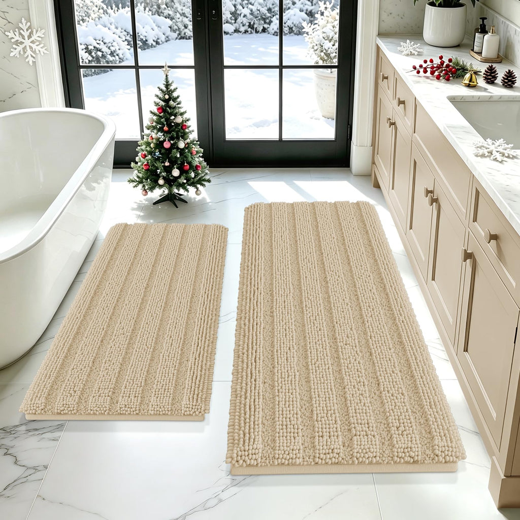 ACCUMTEK Striped Navy Blue Bathroom Rug Set 3 Pieces Ultra Soft, Non Slip Chenille Toilet Mat, Absorbent Plush Shaggy Bath Mats for Bathroom, Bedroom, Kitchen