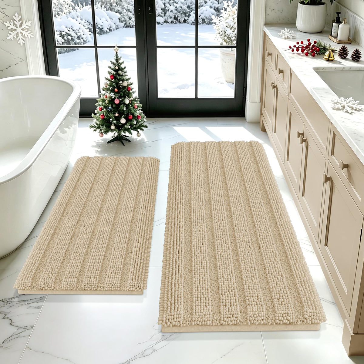 ACCUMTEK Striped Navy Blue Bathroom Rug Set 3 Pieces Ultra Soft, Non Slip Chenille Toilet Mat, Absorbent Plush Shaggy Bath Mats for Bathroom, Bedroom, Kitchen