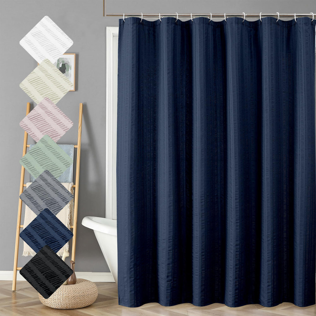 Aiyufeng Moga Navy Blue Fabric Shower Curtains for Bathroom - Blue Hotel Spa Polyester Cloth Bath Curtain with 12 Holes, 72x72, Machine Washable, Navy Blue