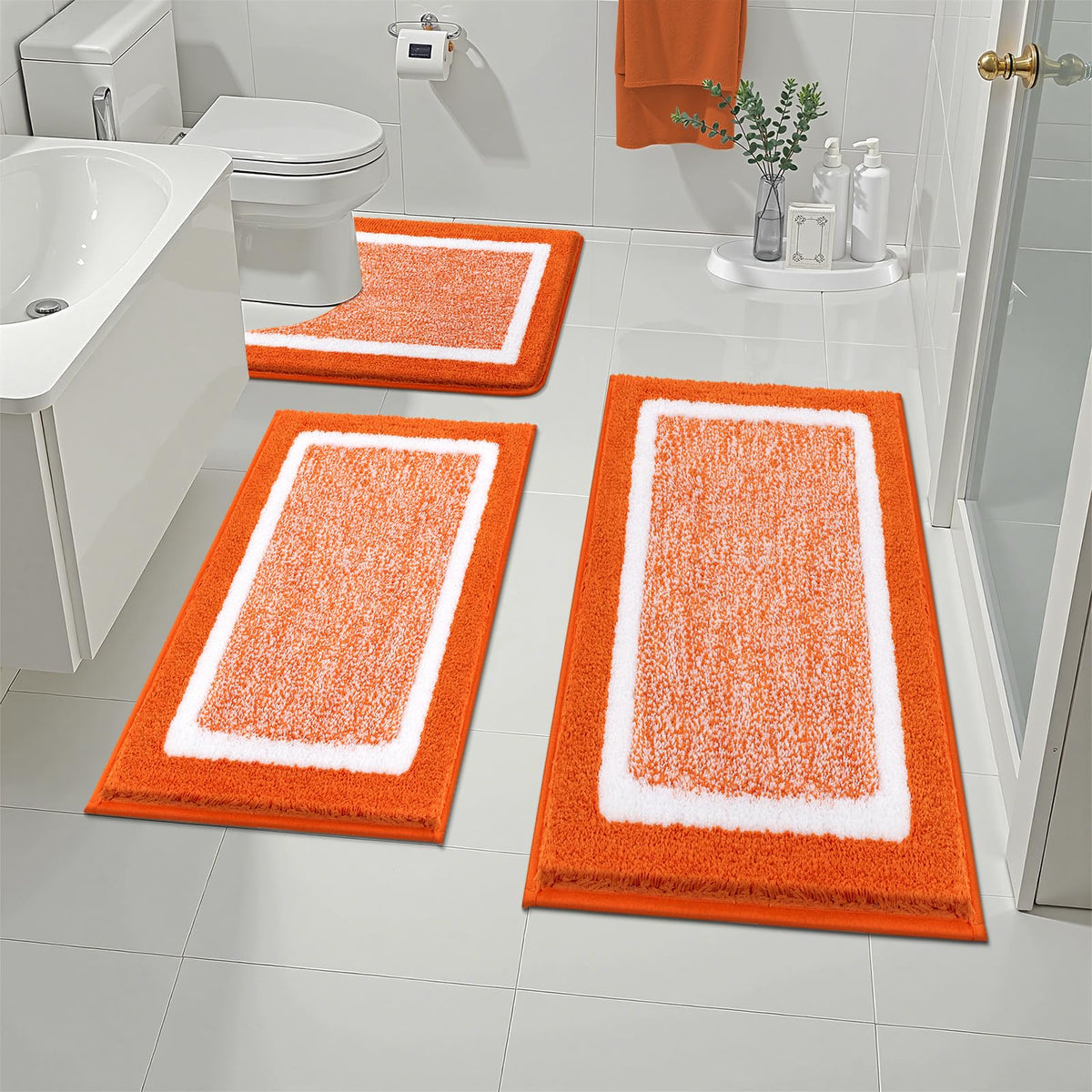 Pauwer Bathroom Rugs 3 Piece Set, Non Slip Washable Bath Mat, Dark Grey