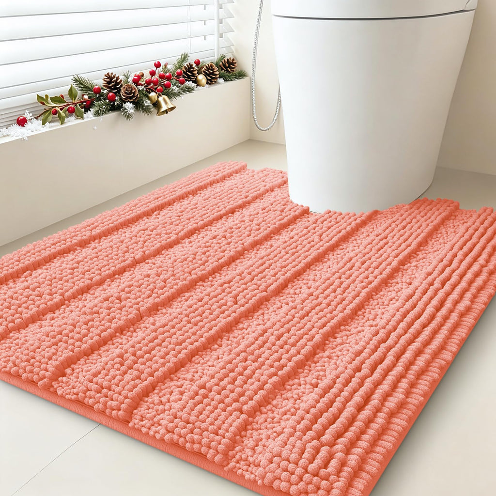 ACCUMTEK Striped Navy Blue Bathroom Rug Set 3 Pieces Ultra Soft, Non Slip Chenille Toilet Mat, Absorbent Plush Shaggy Bath Mats for Bathroom, Bedroom, Kitchen
