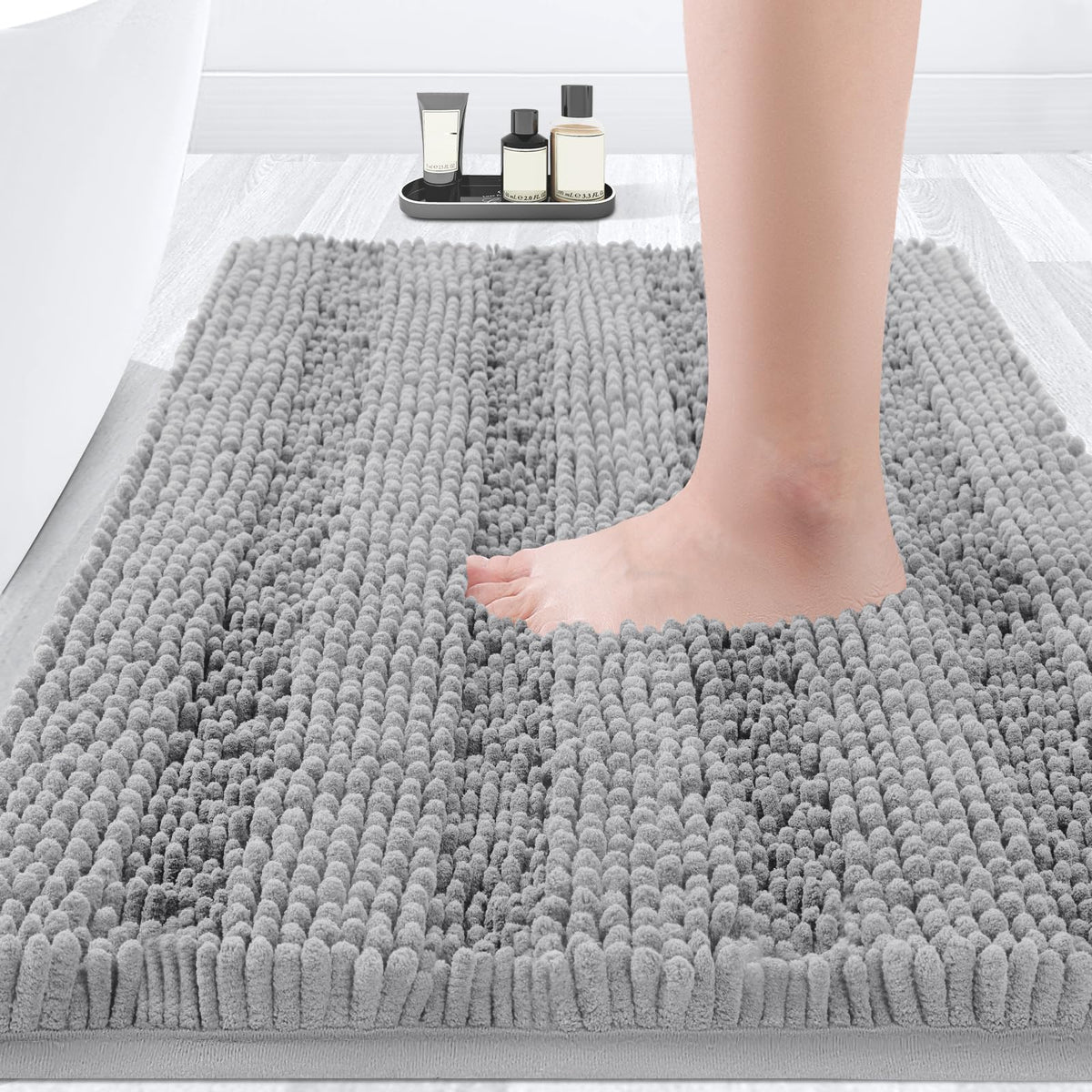 ACCUMTEK Striped Navy Blue Bathroom Rug Set 3 Pieces Ultra Soft, Non Slip Chenille Toilet Mat, Absorbent Plush Shaggy Bath Mats for Bathroom, Bedroom, Kitchen