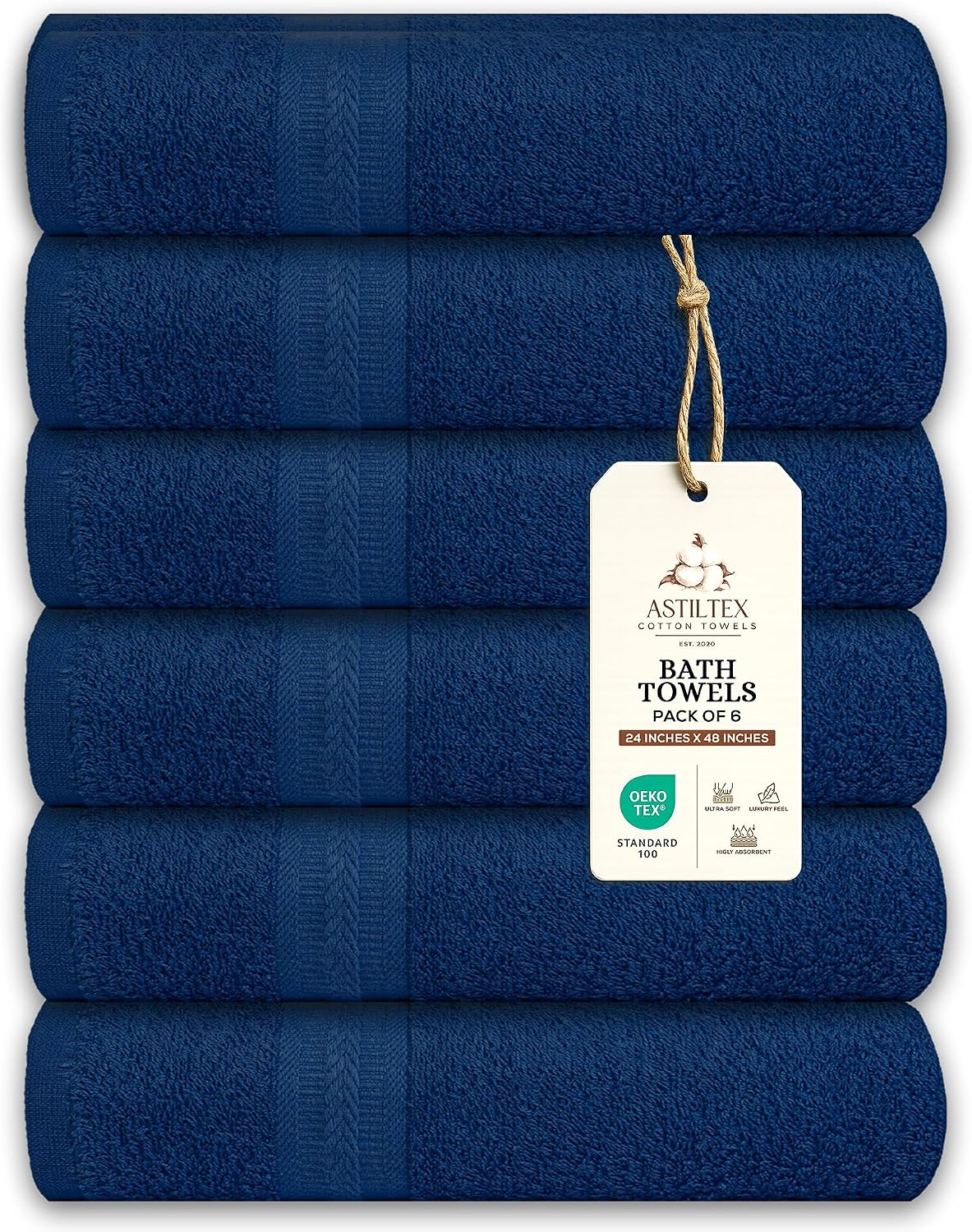 Bath Towels Pack of 6 – 24" x 48" – 100% Cotton Terry, Soft, Quick-Dry & Highly Absorbent – Navy Blue Towels for Bathroom, Spa, Gym, Hotel, Pool & Everyday Use