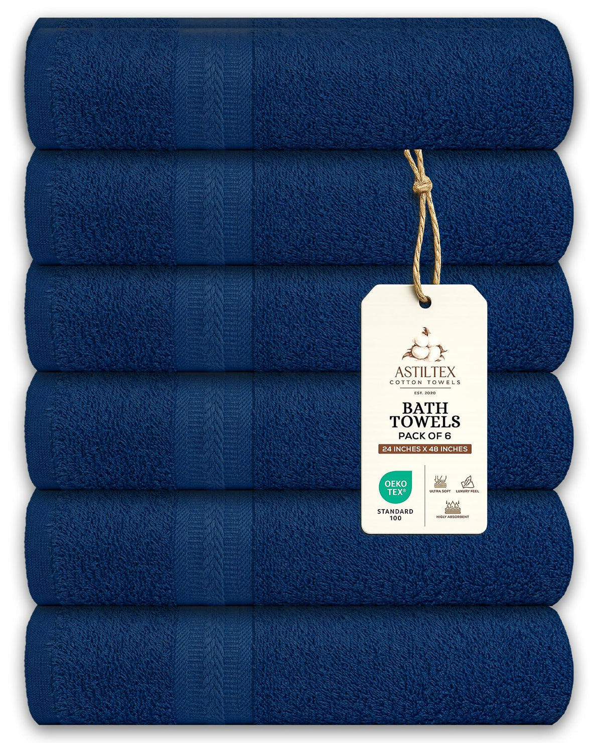 Bath Towels Pack of 6 – 24" x 48" – 100% Cotton Terry, Soft, Quick-Dry & Highly Absorbent – Navy Blue Towels for Bathroom, Spa, Gym, Hotel, Pool & Everyday Use