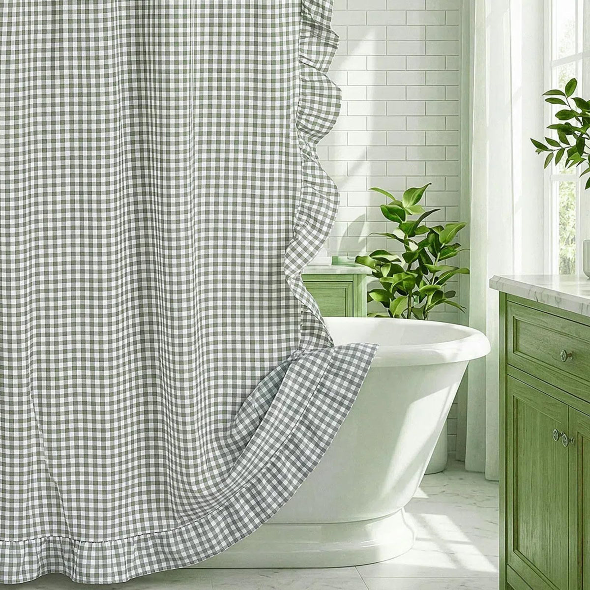 HunnmingRe Ruffled Gingham Shower Curtain Red