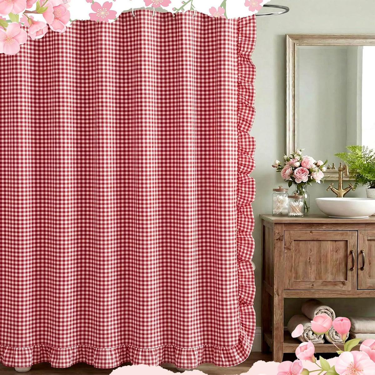 HunnmingRe Ruffled Gingham Shower Curtain Red