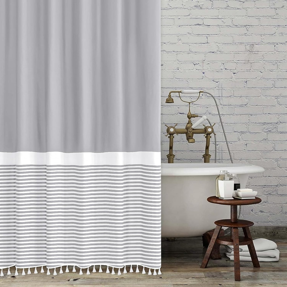 Seasonwood Black and White Shower Curtain Striped with Tassels 72 x 72