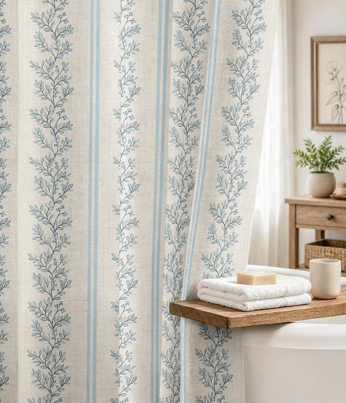MAMUSE Linen Shower Curtain for Bathroom - Cute Aesthetic Decorative Modern Girly Unique Girls Design Farmhouse Women Waterproof Cortinas de Baño Bathtub 72 x 72 Inch, Sage Flower