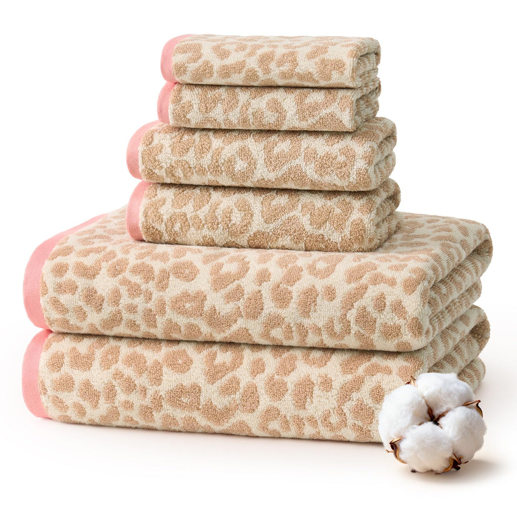 REDKISS Leopard Print Towel Set of 6,100% Cotton Bathroom Towels,Quick Dry & Absorbent,2 Bath Towel, 2 Hand Towel, 2 Washcloth-Pink