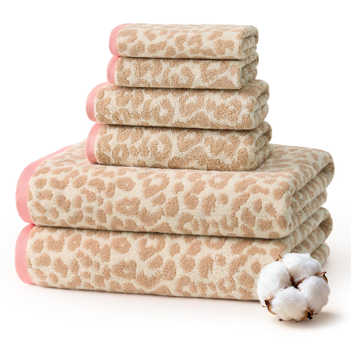 REDKISS Leopard Print Towel Set of 6,100% Cotton Bathroom Towels,Quick Dry & Absorbent,2 Bath Towel, 2 Hand Towel, 2 Washcloth-Pink