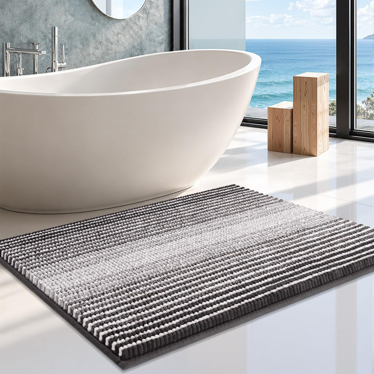 BSICPRO Bathroom Rugs Sets 2 Piece, Non Slip Striped Bath Mats, Fog Blue