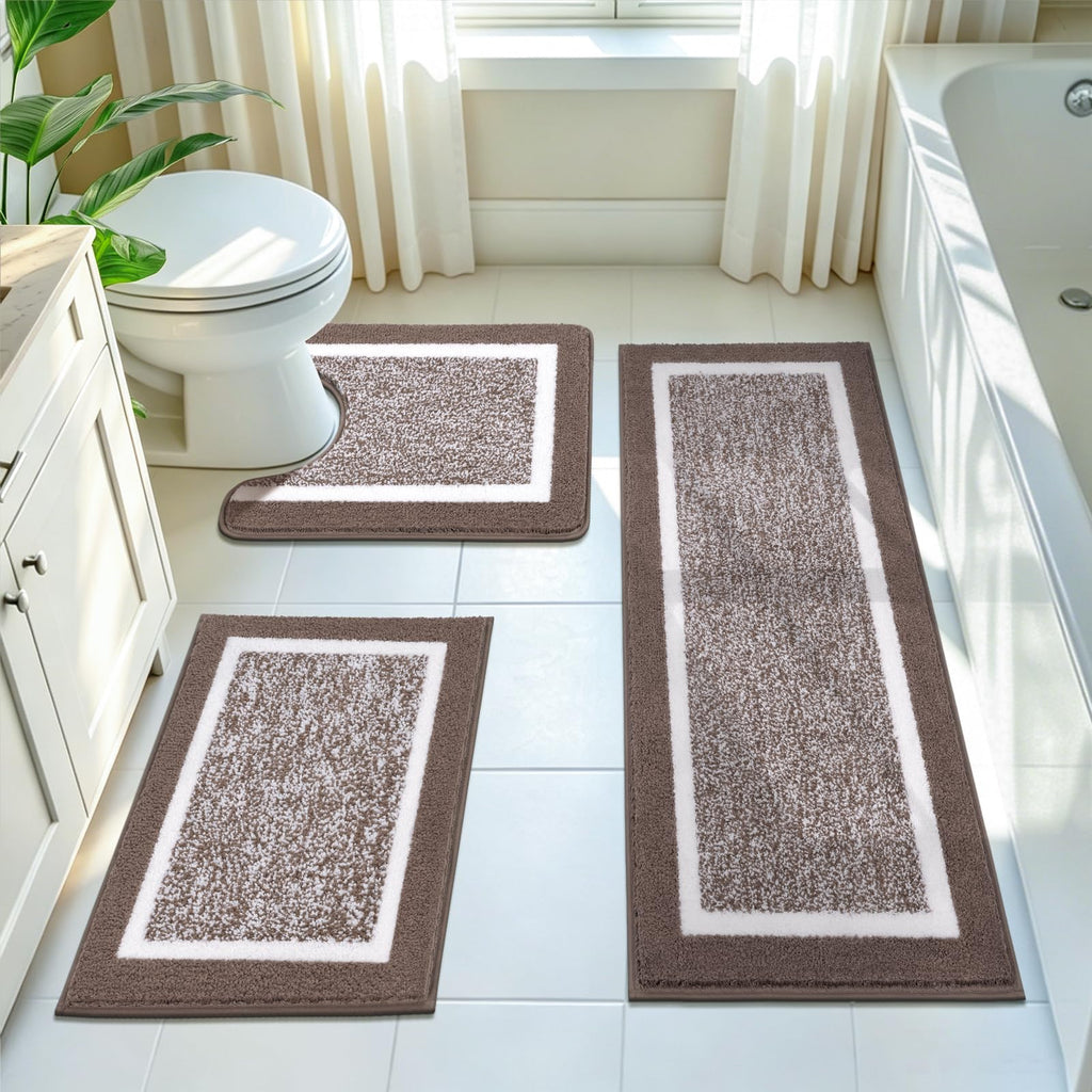 Pauwer Bathroom Rugs 3 Piece Set, Non Slip Washable Bath Mat, Dark Grey