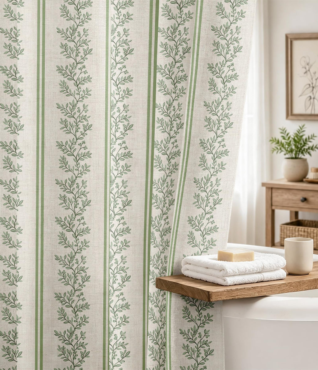 MAMUSE Linen Shower Curtain for Bathroom - Cute Aesthetic Decorative Modern Girly Unique Girls Design Farmhouse Women Waterproof Cortinas de Baño Bathtub 72 x 72 Inch, Sage Flower