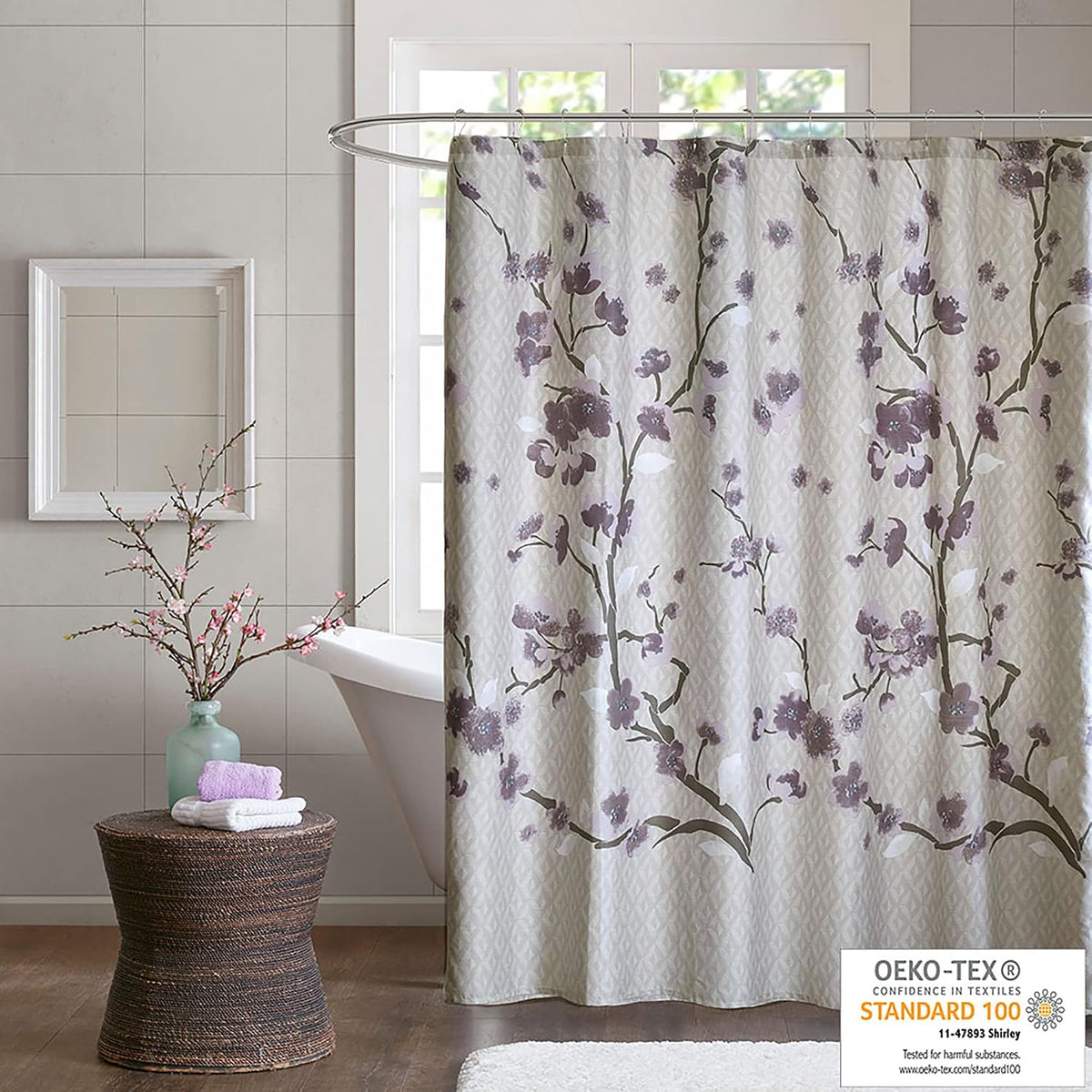 Madison Park Holly Shower Curtain for Bathroom, Cotton, 72 x 72, Purple