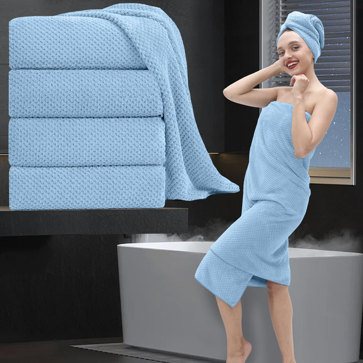 8 Piece Bathroom Towel Set Black White|2 Oversized Large Bath Towels Sheet,2 Hand Towels,4 Washcloths| 600GSM Soft Towel Set for Bathroom Hotel,Highly Absorbent Quick Dry Bath Towel Collections