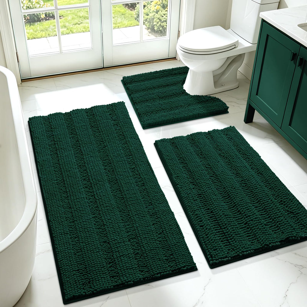 ACCUMTEK Striped Navy Blue Bathroom Rug Set 3 Pieces Ultra Soft, Non Slip Chenille Toilet Mat, Absorbent Plush Shaggy Bath Mats for Bathroom, Bedroom, Kitchen