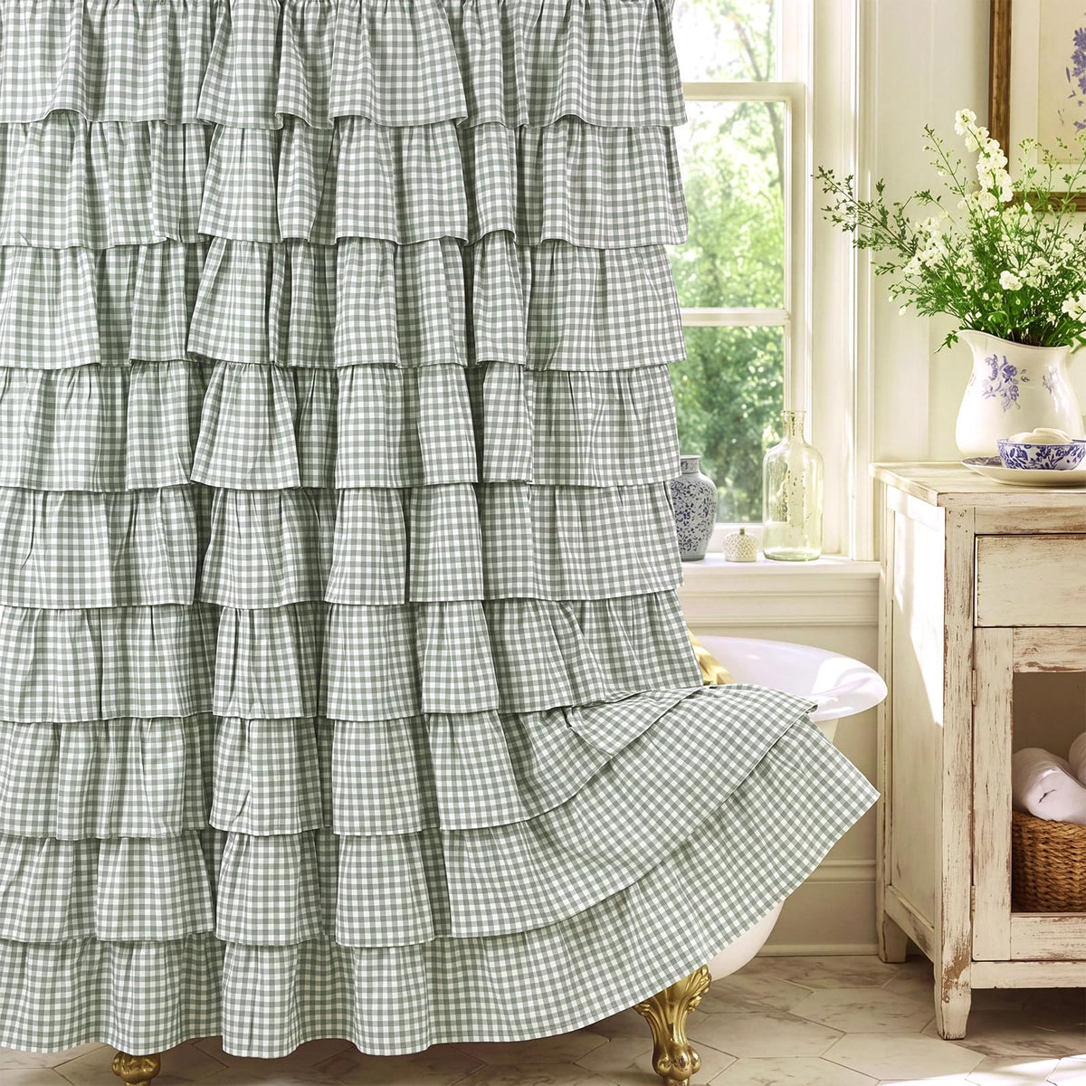 HunnmingRe Ruffled Gingham Shower Curtain Red