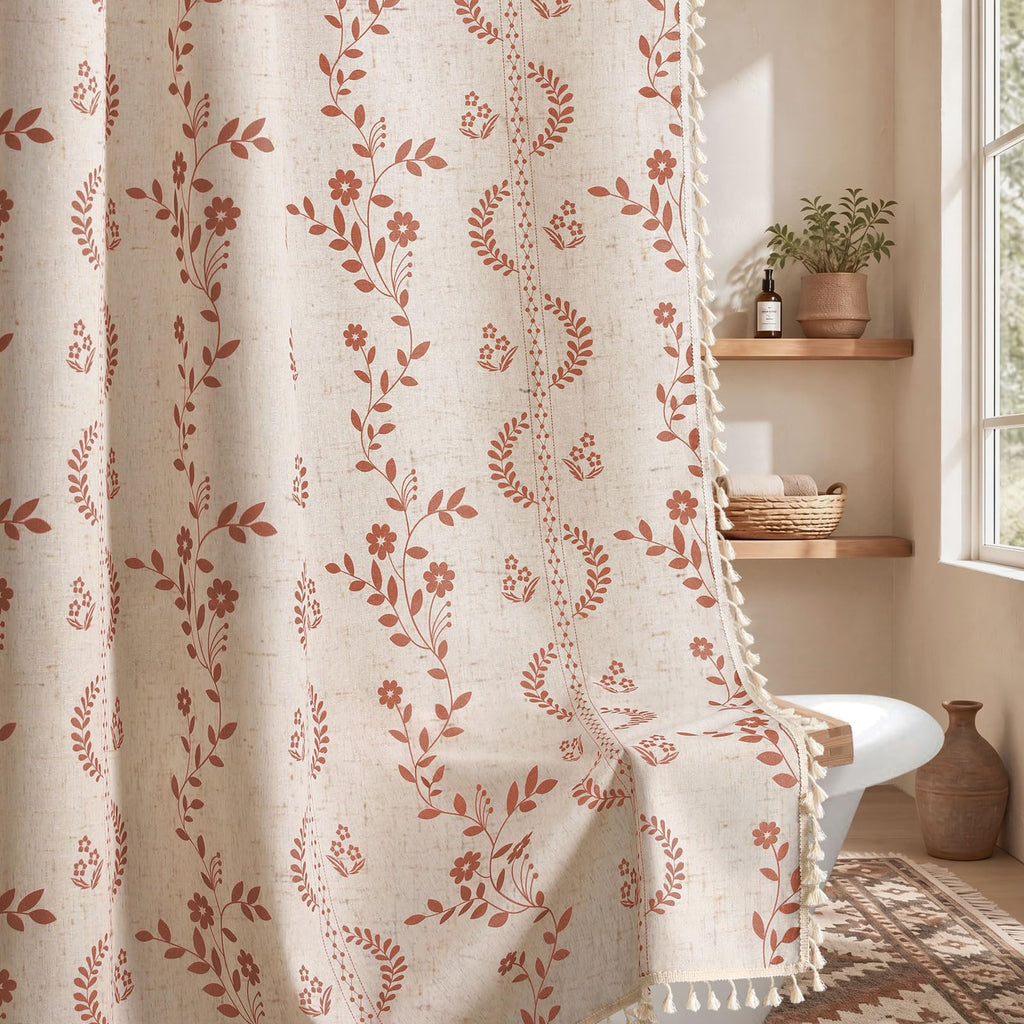 Boho Terracotta Vintage Shower Curtain with Tassels 72 x 72 Inch