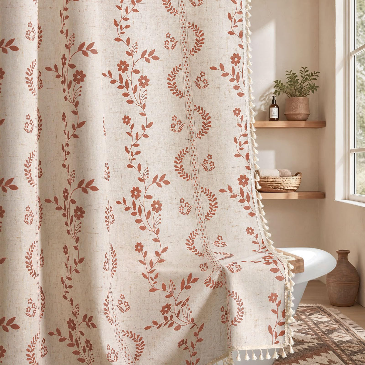 Boho Terracotta Vintage Shower Curtain with Tassels 72 x 72 Inch