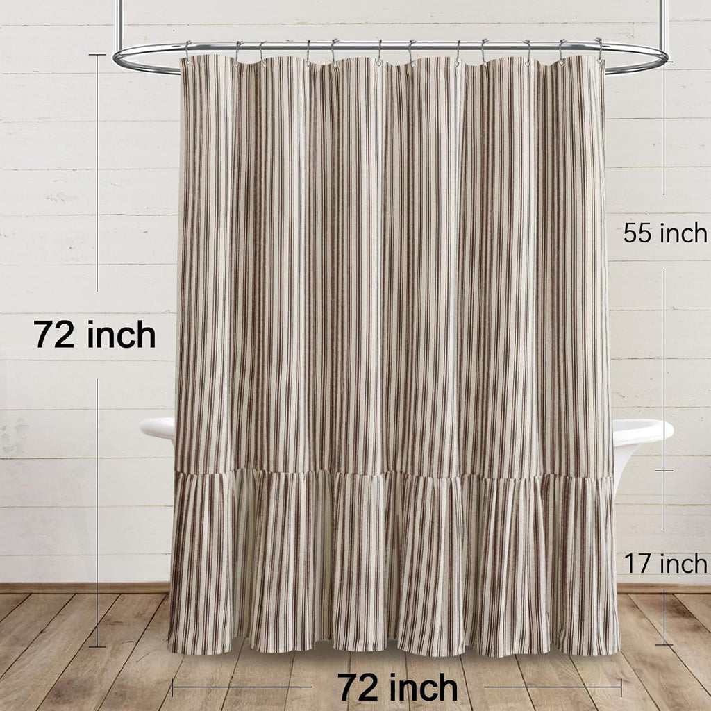 Farmhouse Shower Curtain Ruffle Linen Cream-Brown Stripe 72"W x 72"L