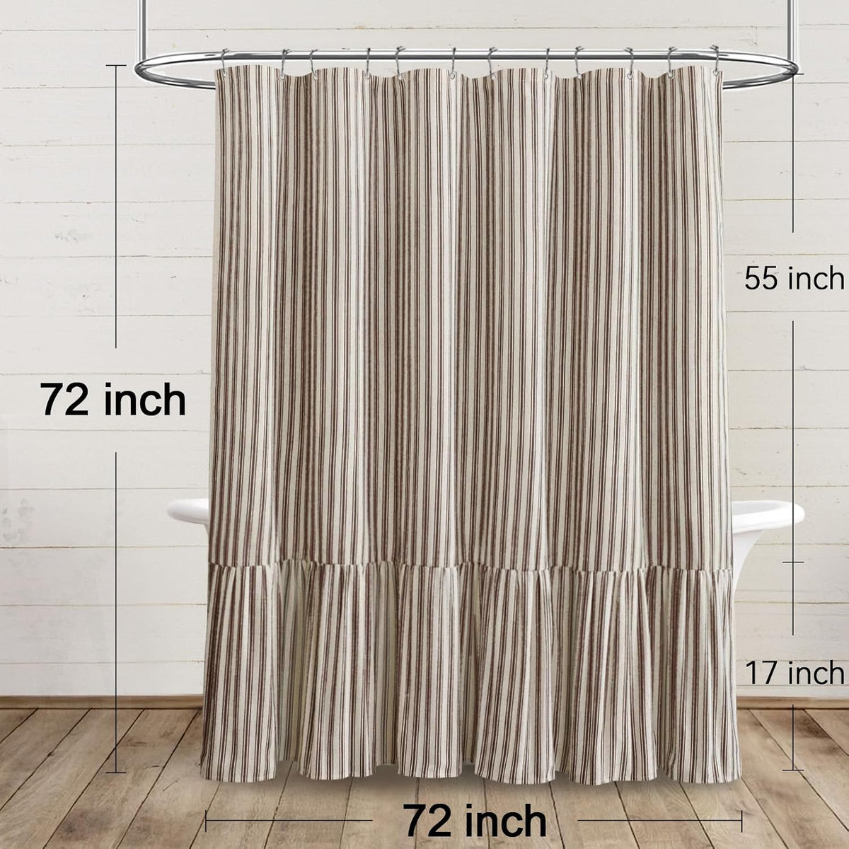 Farmhouse Shower Curtain Ruffle Linen Cream-Brown Stripe 72"W x 72"L