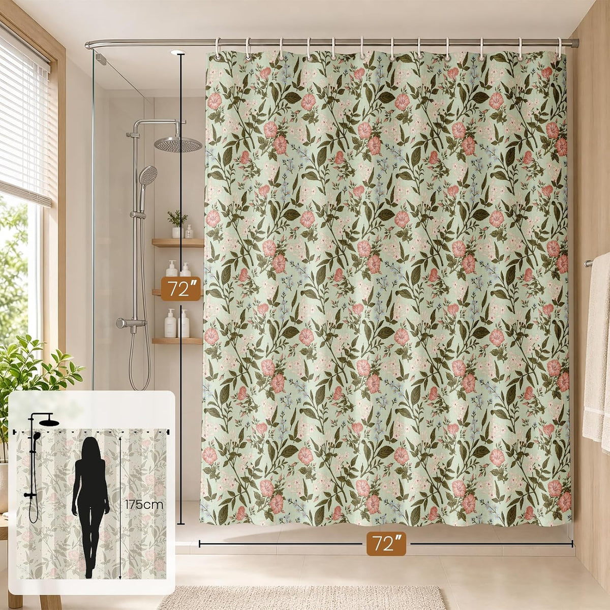 MAMUSE Linen Shower Curtain for Bathroom - Cute Aesthetic Decorative Modern Girly Unique Girls Design Farmhouse Women Waterproof Cortinas de Baño Bathtub 72 x 72 Inch, Sage Flower