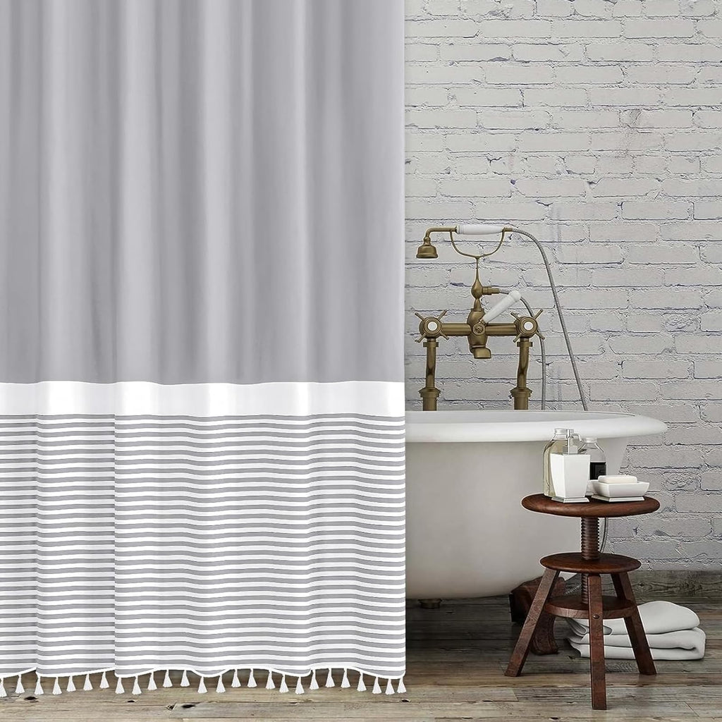 Seasonwood Black and White Shower Curtain Striped with Tassels 72 x 72