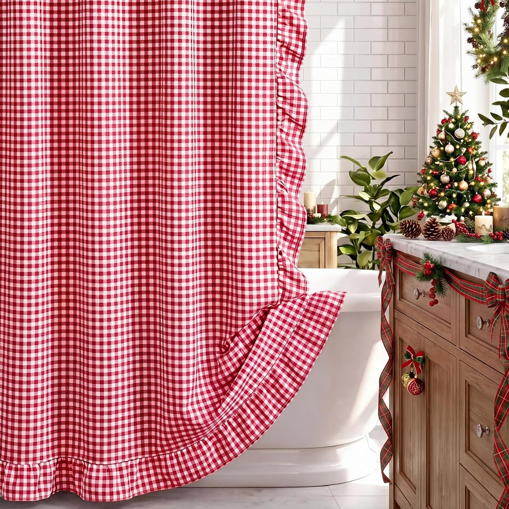 HunnmingRe Ruffled Gingham Shower Curtain Red