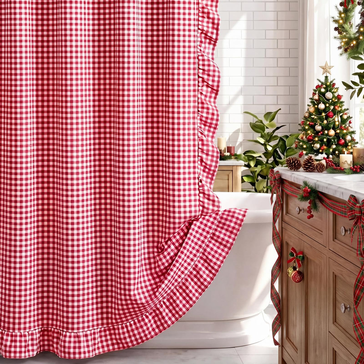 HunnmingRe Ruffled Gingham Shower Curtain Red