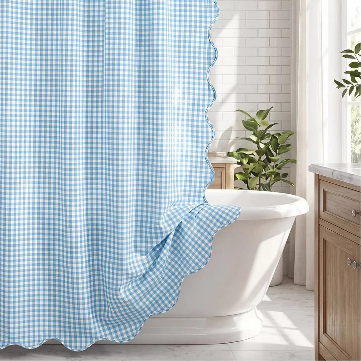 HunnmingRe Ruffled Gingham Shower Curtain Red