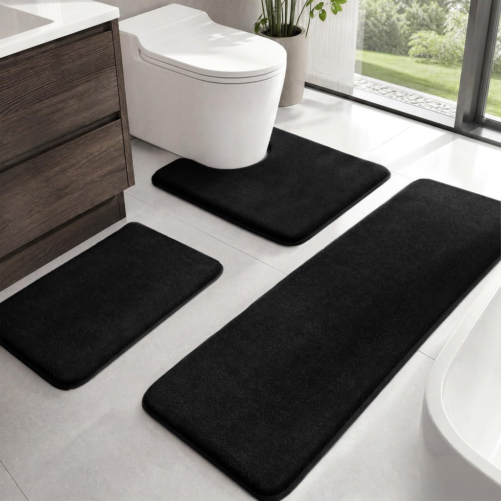 HUXMEYSON Bathroom Rugs Sets 3 Piece, Non-Slip & Quick Dry Bath Mat Set, Ultra Soft Velvet Bath Rugs for Bathroom, Toilet and Shower Floor, Grey