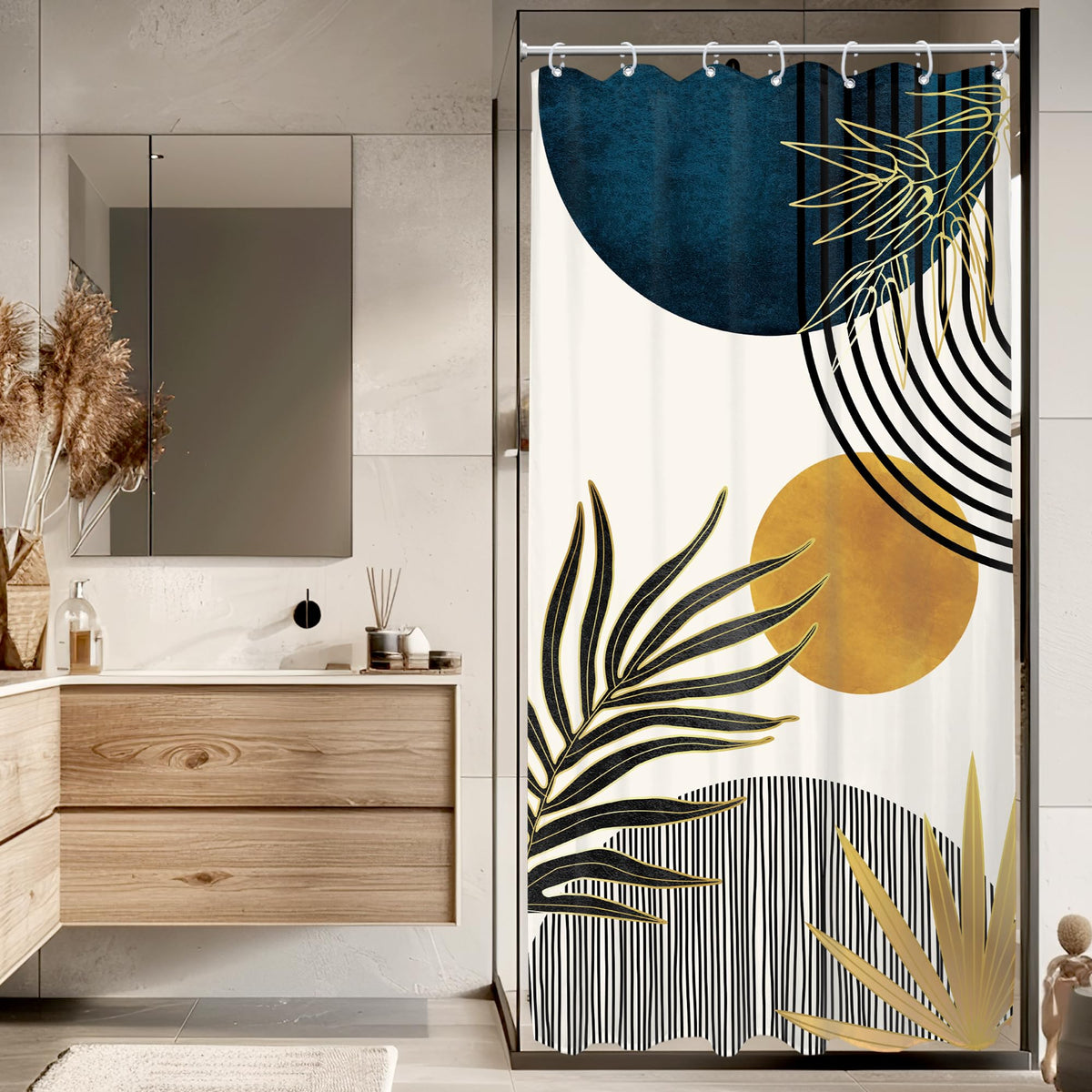 Mid Century Green Orange Boho Abstract Modern Bathroom Shower Curtain Set