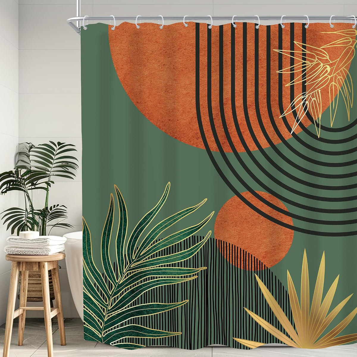 Mid Century Green Orange Boho Abstract Modern Bathroom Shower Curtain Set