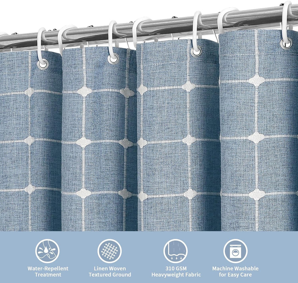 Boho Farmhouse Classic Plaid Linen Tassel Shower Curtain Blue,72x72
