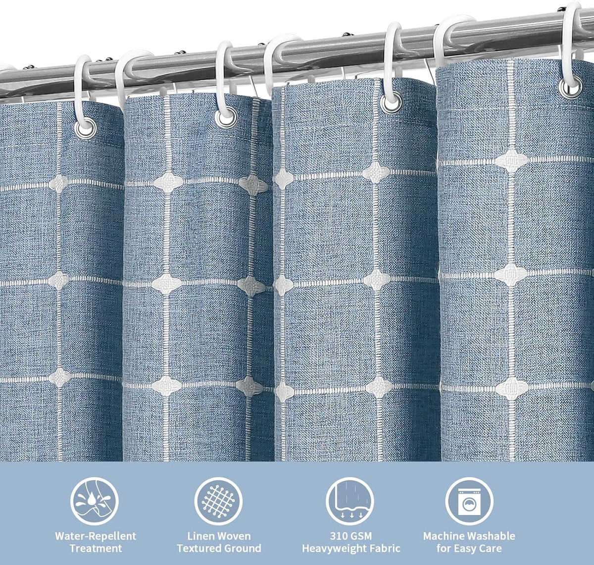 Boho Farmhouse Classic Plaid Linen Tassel Shower Curtain Blue,72x72