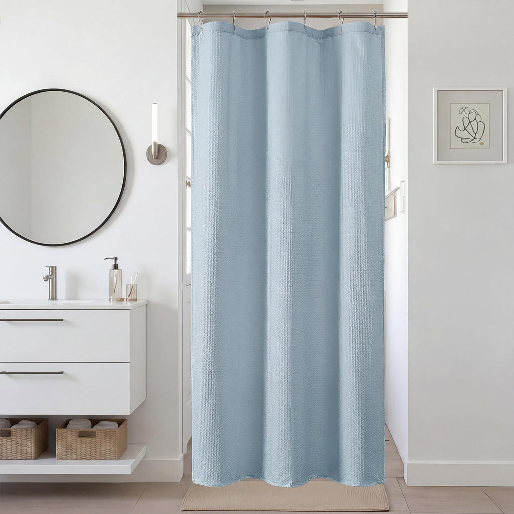 Navy Blue Shower Curtain 72 Inch Length 1 Piece, Waffle Embossed Textured Soft Fabric Hotel Shower Curtain for Bathroom, Modern Polyester Water Repellent Cloth Bath Decor, 72Wx72L Inches