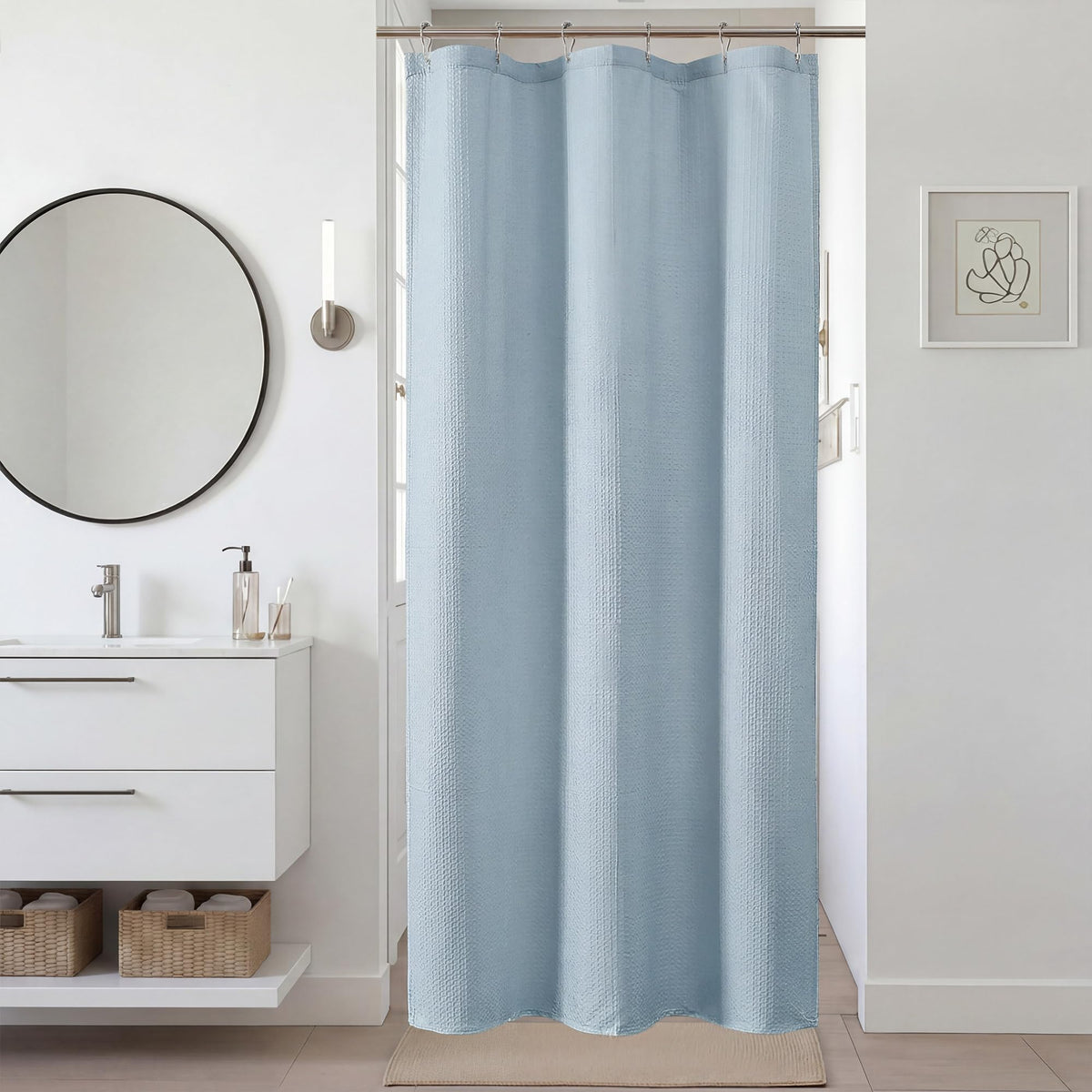 Navy Blue Shower Curtain 72 Inch Length 1 Piece, Waffle Embossed Textured Soft Fabric Hotel Shower Curtain for Bathroom, Modern Polyester Water Repellent Cloth Bath Decor, 72Wx72L Inches