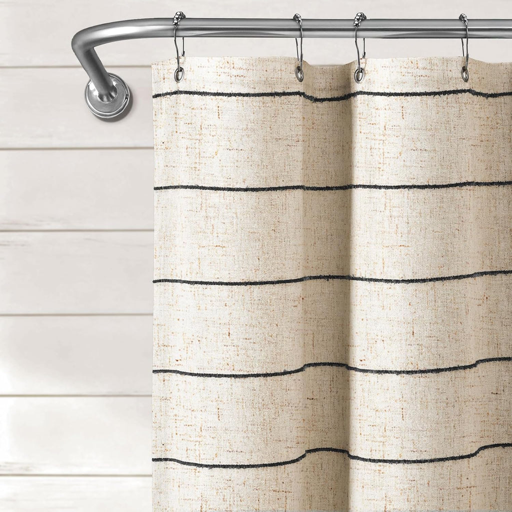 Striped Linen Shower Curtain for Bathroom, Black and Beige 72 W x 84 H