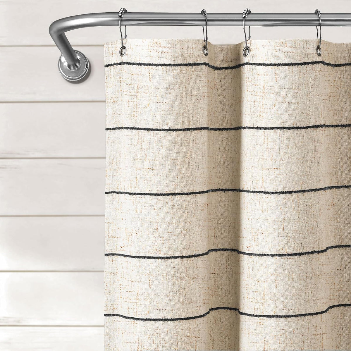 Striped Linen Shower Curtain for Bathroom, Black and Beige 72 W x 84 H