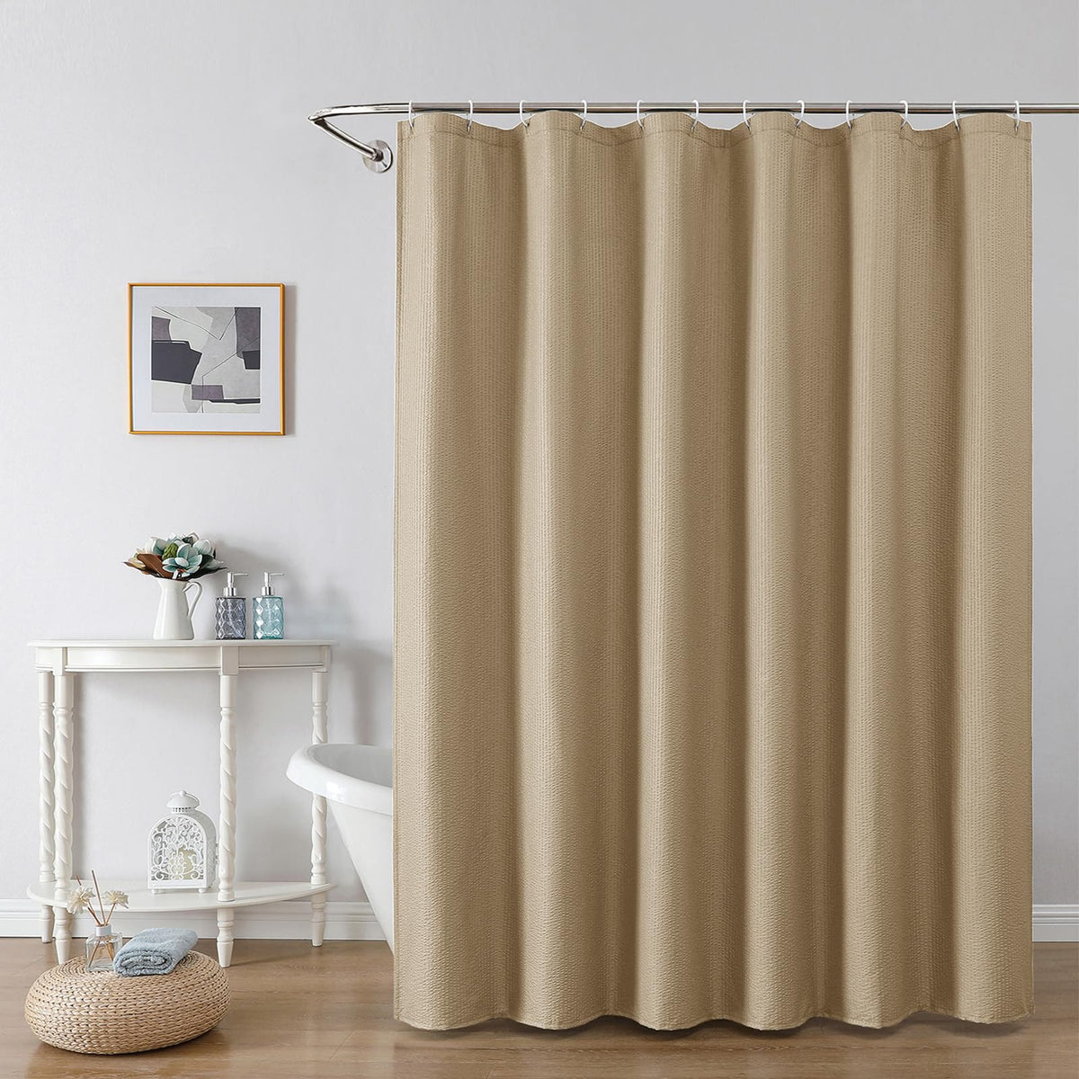 OWENIE White Shower Curtain for Bathroom 84 Inches Extra Long, Elegant 3D Embossed Textured Cloth Waffle Shower Curtain, Modern Luxury Hotel Style, Water Repellent, Machine Washable, 72X84, White