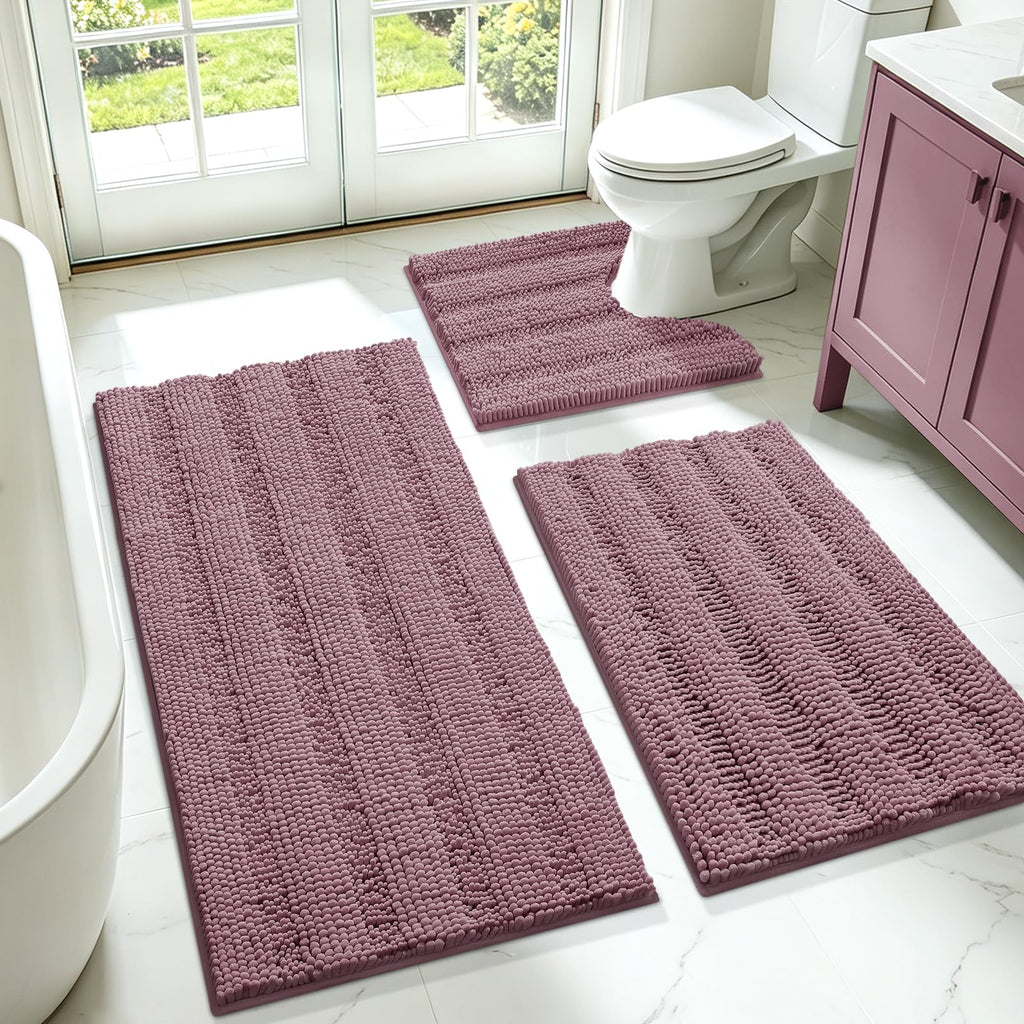 ACCUMTEK Striped Navy Blue Bathroom Rug Set 3 Pieces Ultra Soft, Non Slip Chenille Toilet Mat, Absorbent Plush Shaggy Bath Mats for Bathroom, Bedroom, Kitchen