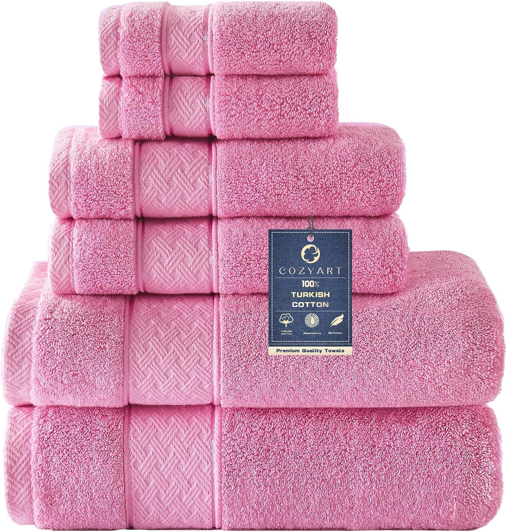 COZYART Bath Towel Set 6 PCS, Pink Luxury 100% Turkish Cotton 650GSM