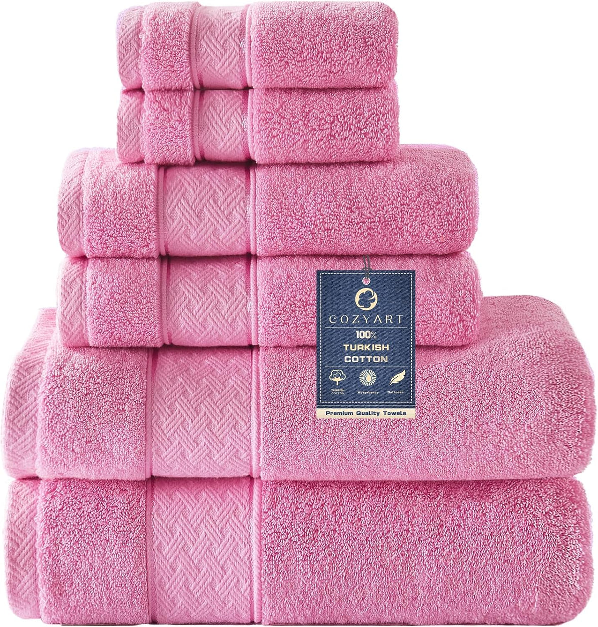 COZYART Bath Towel Set 6 PCS, Pink Luxury 100% Turkish Cotton 650GSM