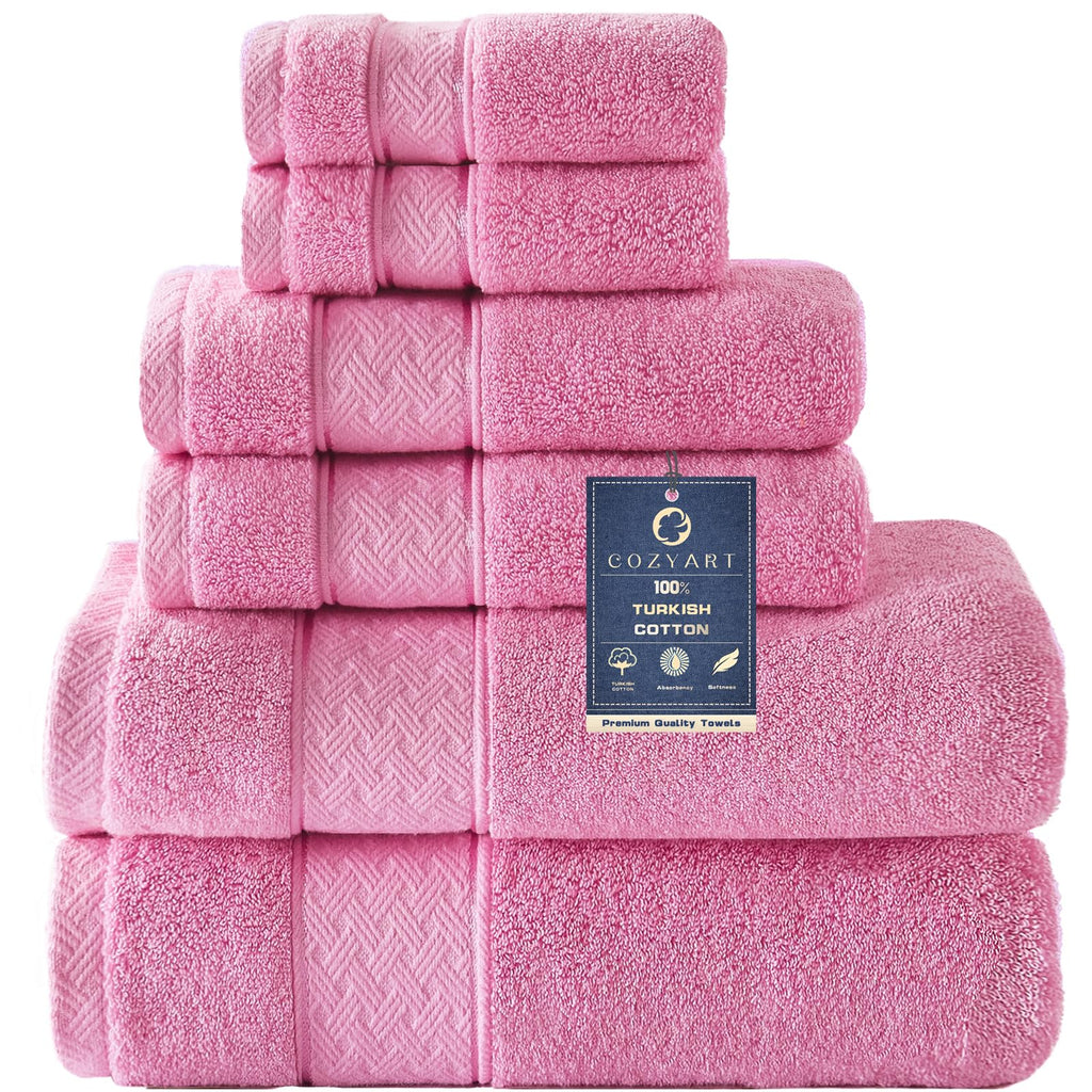 COZYART Bath Towel Set 6 PCS, Pink Luxury 100% Turkish Cotton 650GSM