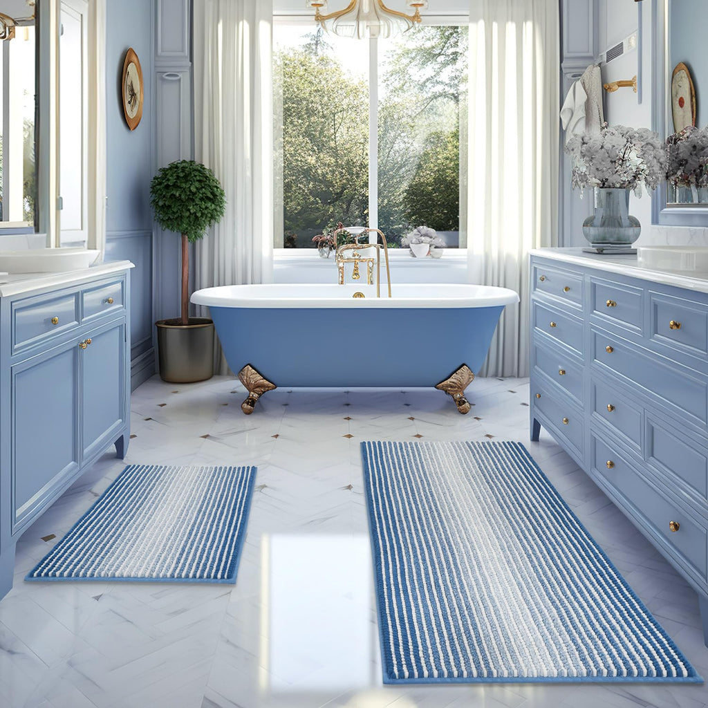 BSICPRO Bathroom Rugs Sets 2 Piece, Non Slip Striped Bath Mats, Fog Blue