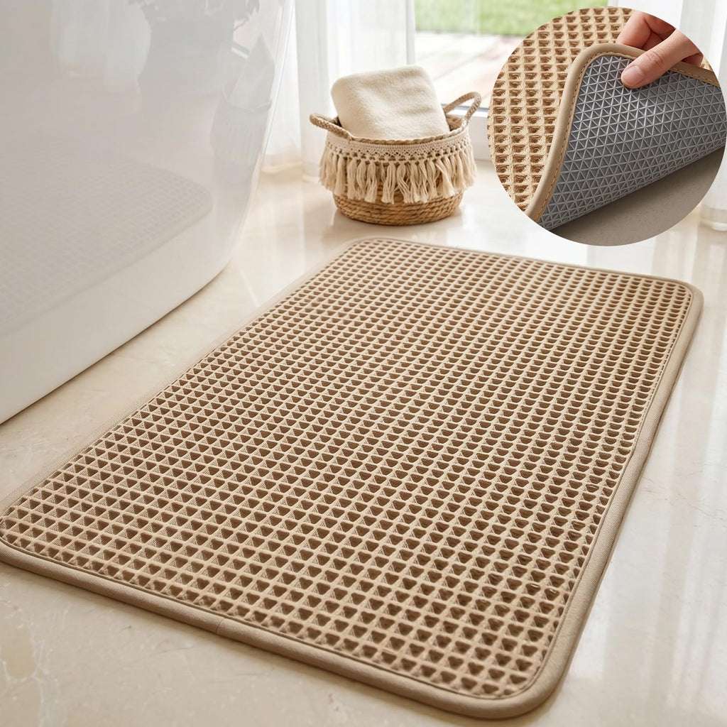 Furicher Waffle Bath Mat Set, Non Slip Bathroom Rugs 2 Piece, Brown & White