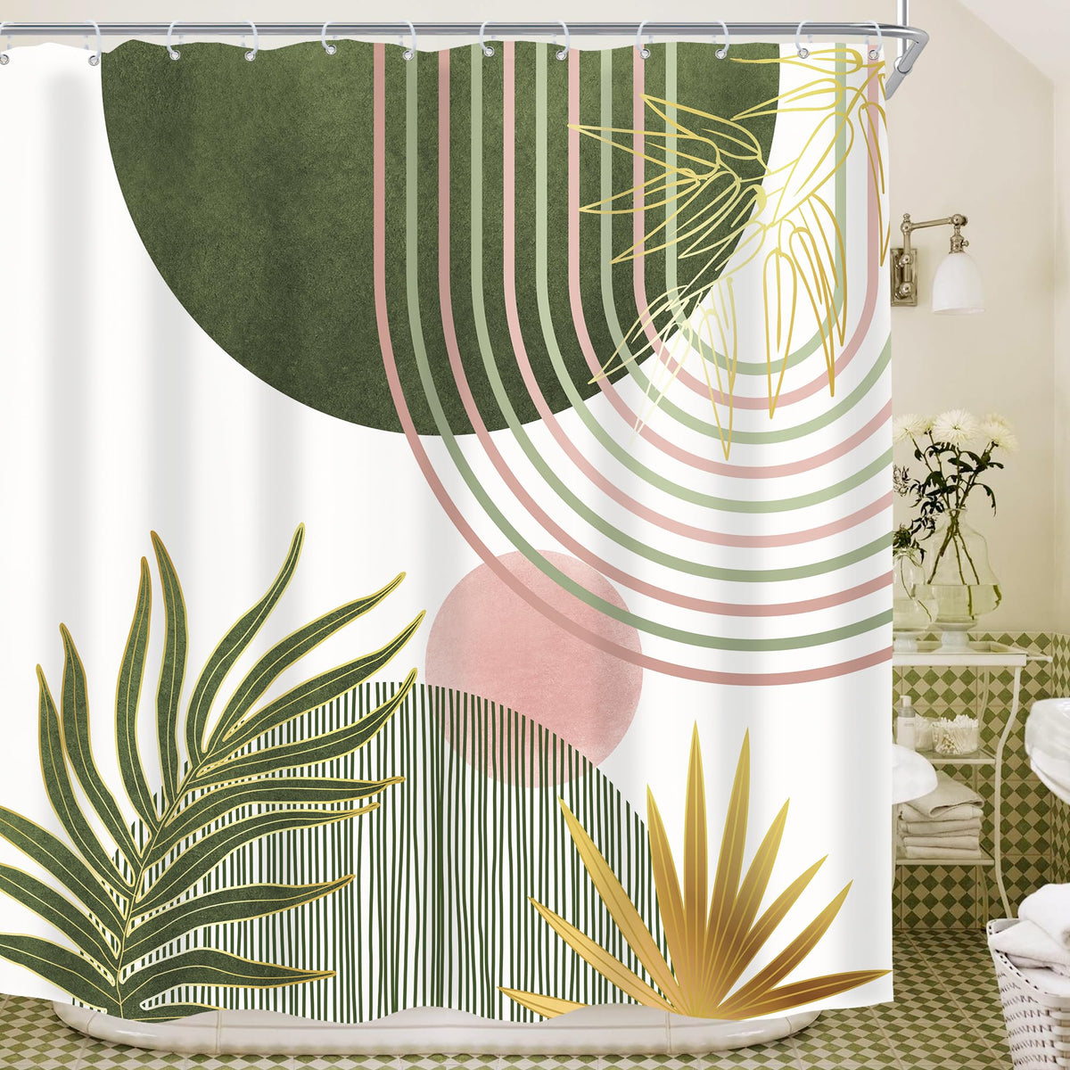 Mid Century Green Orange Boho Abstract Modern Bathroom Shower Curtain Set
