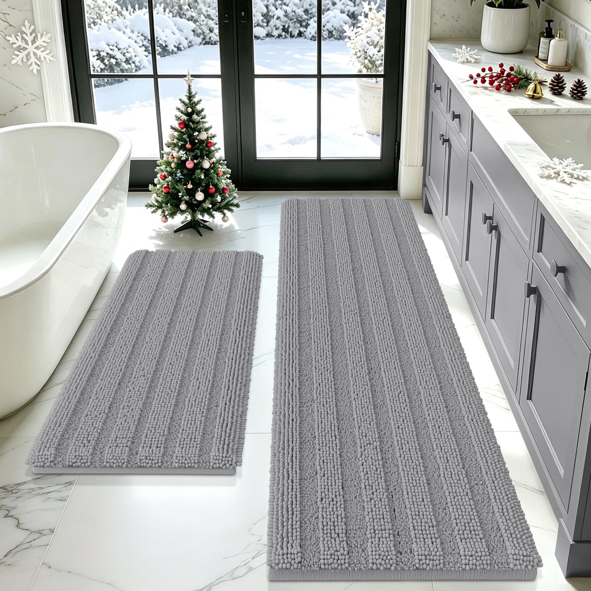 ACCUMTEK Striped Navy Blue Bathroom Rug Set 3 Pieces Ultra Soft, Non Slip Chenille Toilet Mat, Absorbent Plush Shaggy Bath Mats for Bathroom, Bedroom, Kitchen