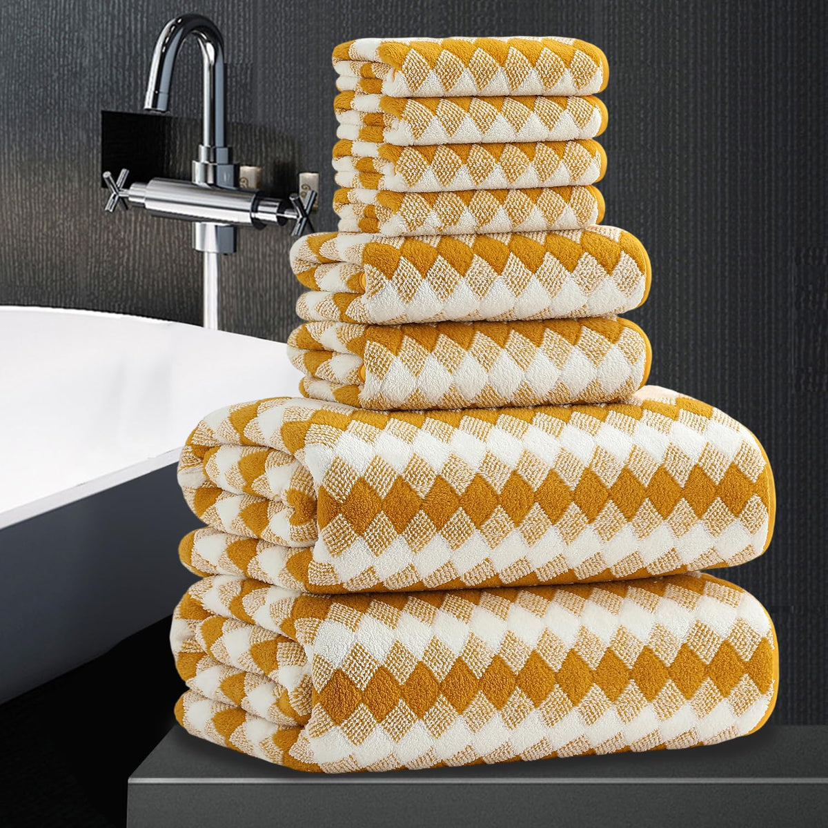 8 Piece Bathroom Towel Set Black White|2 Oversized Large Bath Towels Sheet,2 Hand Towels,4 Washcloths| 600GSM Soft Towel Set for Bathroom Hotel,Highly Absorbent Quick Dry Bath Towel Collections