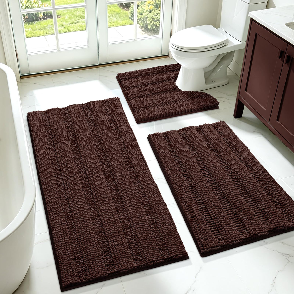 ACCUMTEK Striped Navy Blue Bathroom Rug Set 3 Pieces Ultra Soft, Non Slip Chenille Toilet Mat, Absorbent Plush Shaggy Bath Mats for Bathroom, Bedroom, Kitchen